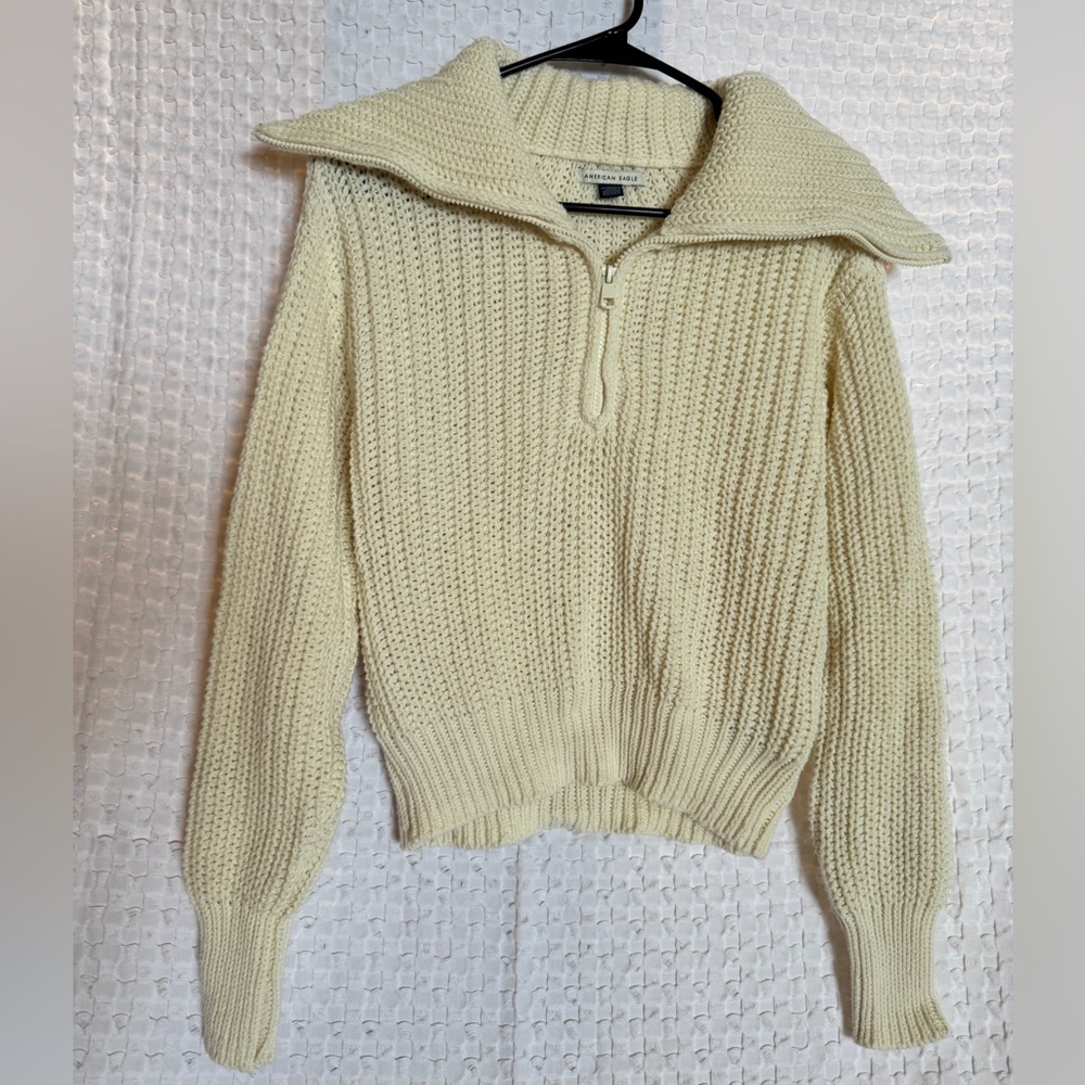 American Eagle | Cream Chunky Knit Quarter Zip Sweater | Oversized Collar | XS - Picture 2 of 5
